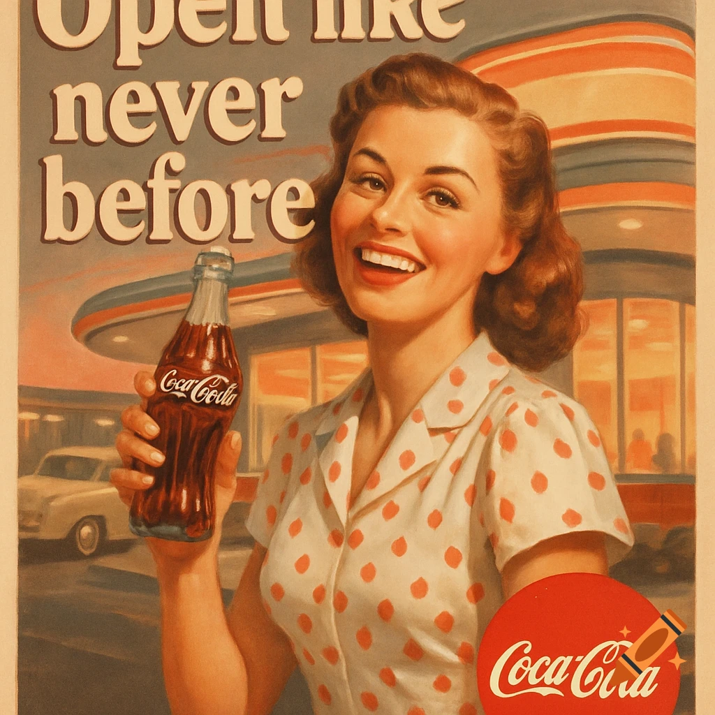 A vintage 1950s Coca-Cola advertisement featuring a smiling woman in a polka dot shirt, holding a bottle in front of a diner.