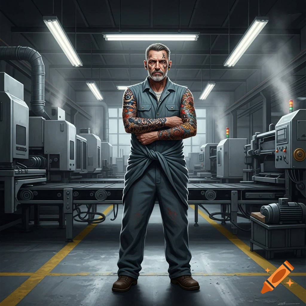 Photorealistic portrait of a middle-aged man with full-sleeve tattoos and facial marks, standing with crossed arms in a factory.
