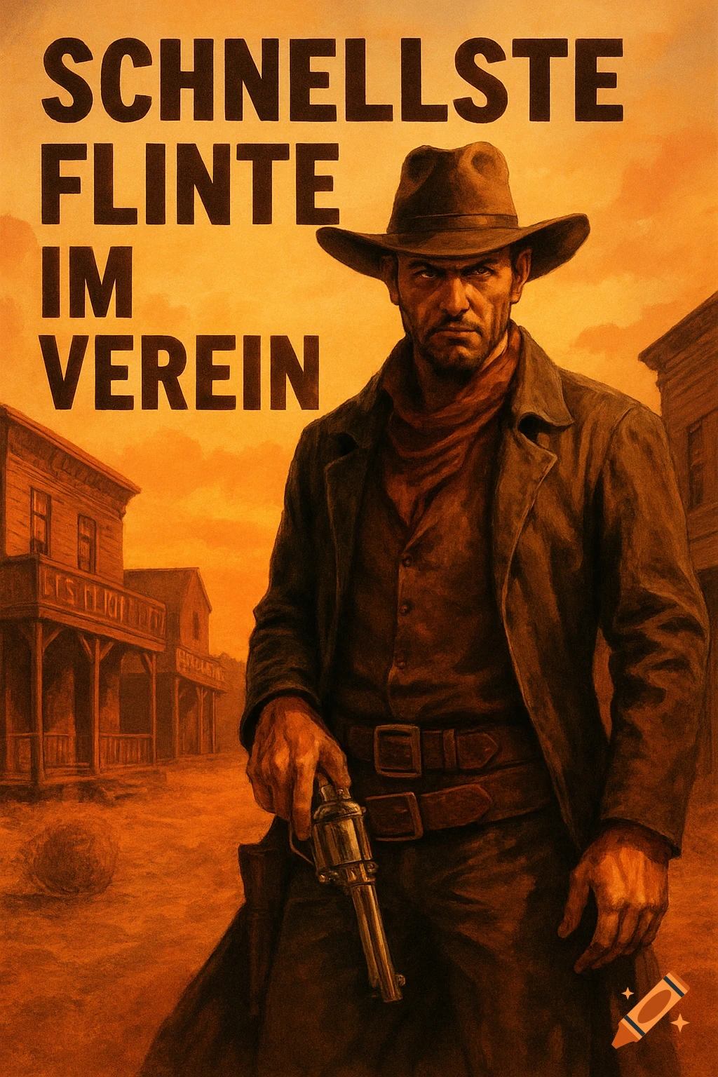 Illustrated poster of a stern cowboy holding a revolver in a dusty Western town, with German text "SCHNELLSTE FLINTE IM VEREIN".