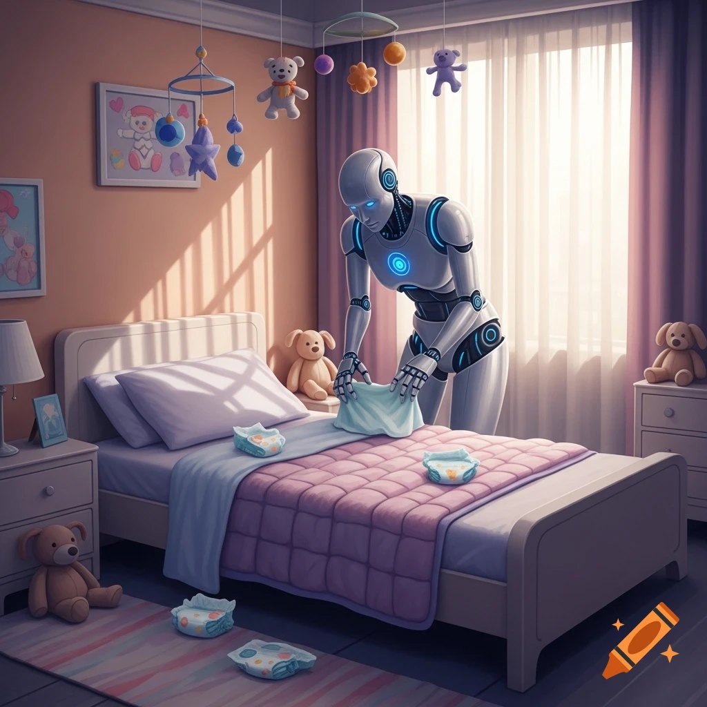 A robot makes a bed in a sunny child's bedroom, with diapers, stuffed animals, and a crib mobile.