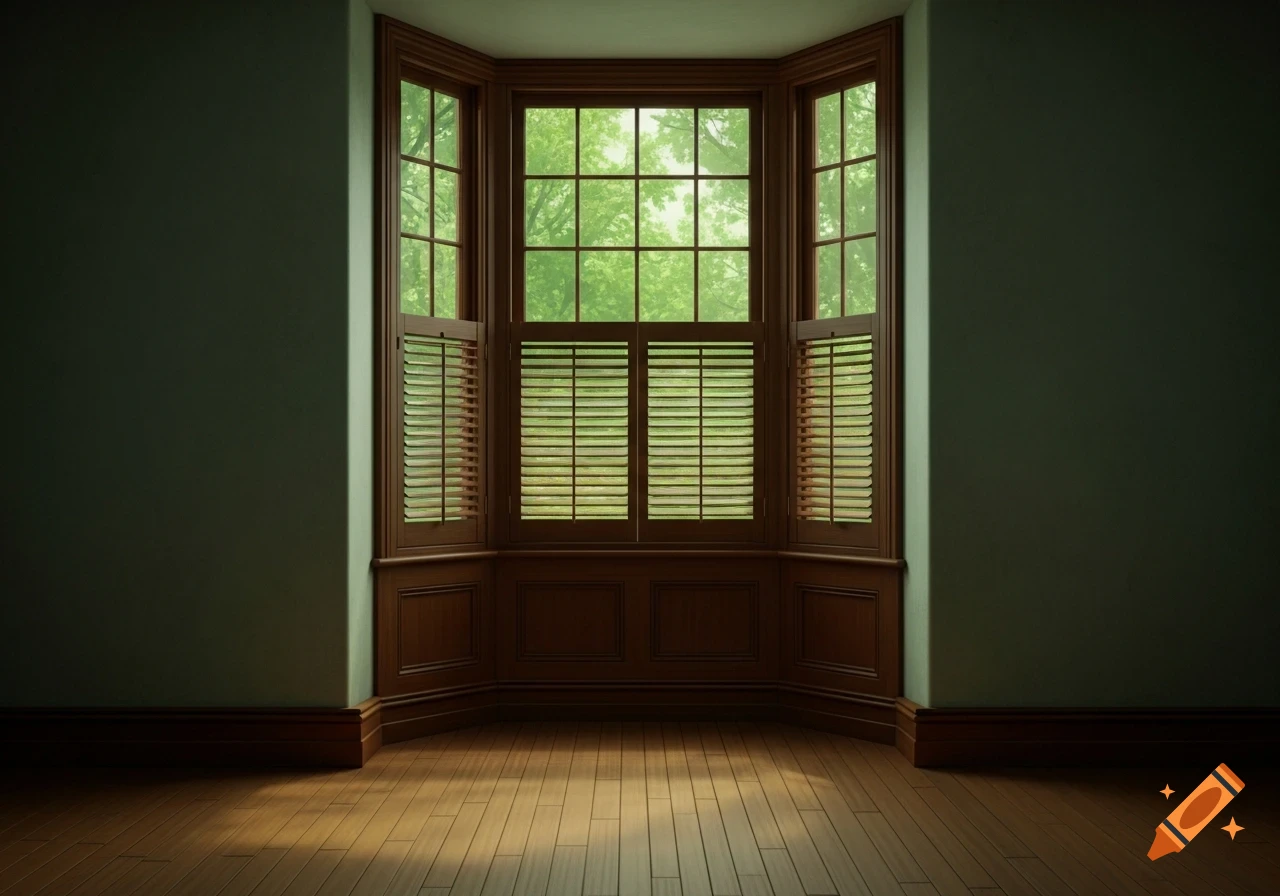 An empty Victorian-style room with dark green walls, a polished wooden floor, and a large bay window with wooden shutters looking out onto green foliage. Sunlight casts shadows on the floor.
