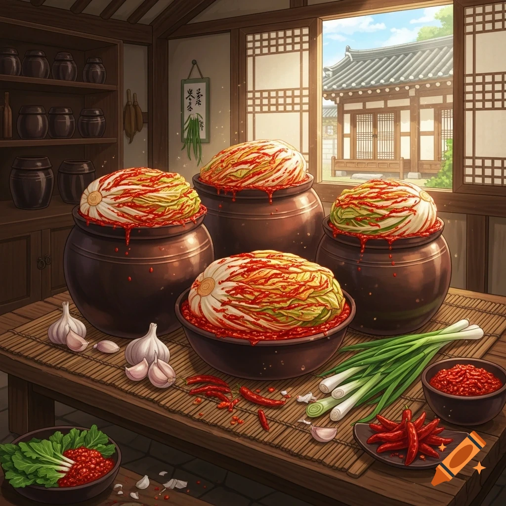 Illustrative scene of large jars of freshly prepared kimchi on a wooden table with garlic, chili, and green onions. A traditional Korean house is visible through a window in the background.