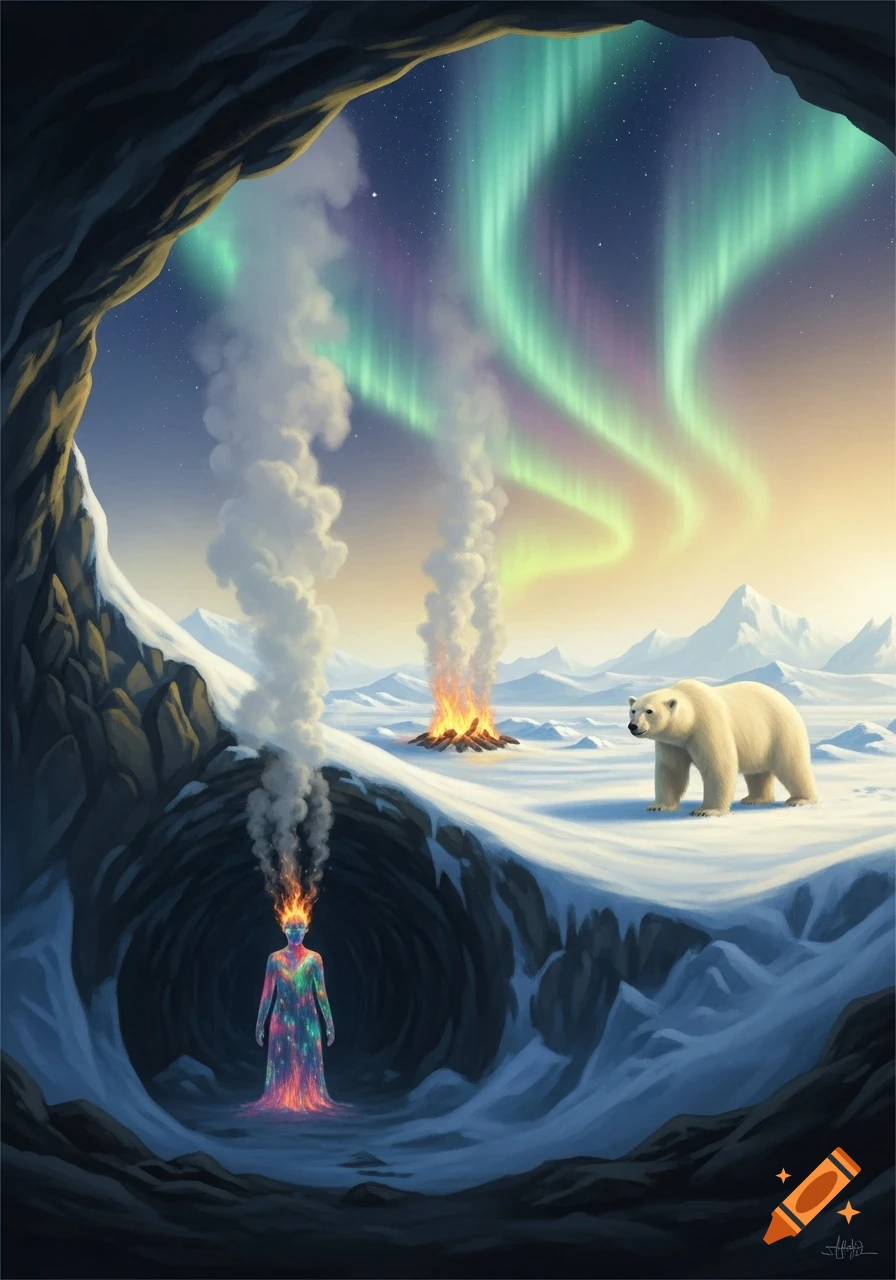 A colorful, glowing figure with a flaming head stands in a cave in a snowy arctic landscape under the aurora borealis, with a polar bear and campfire nearby.