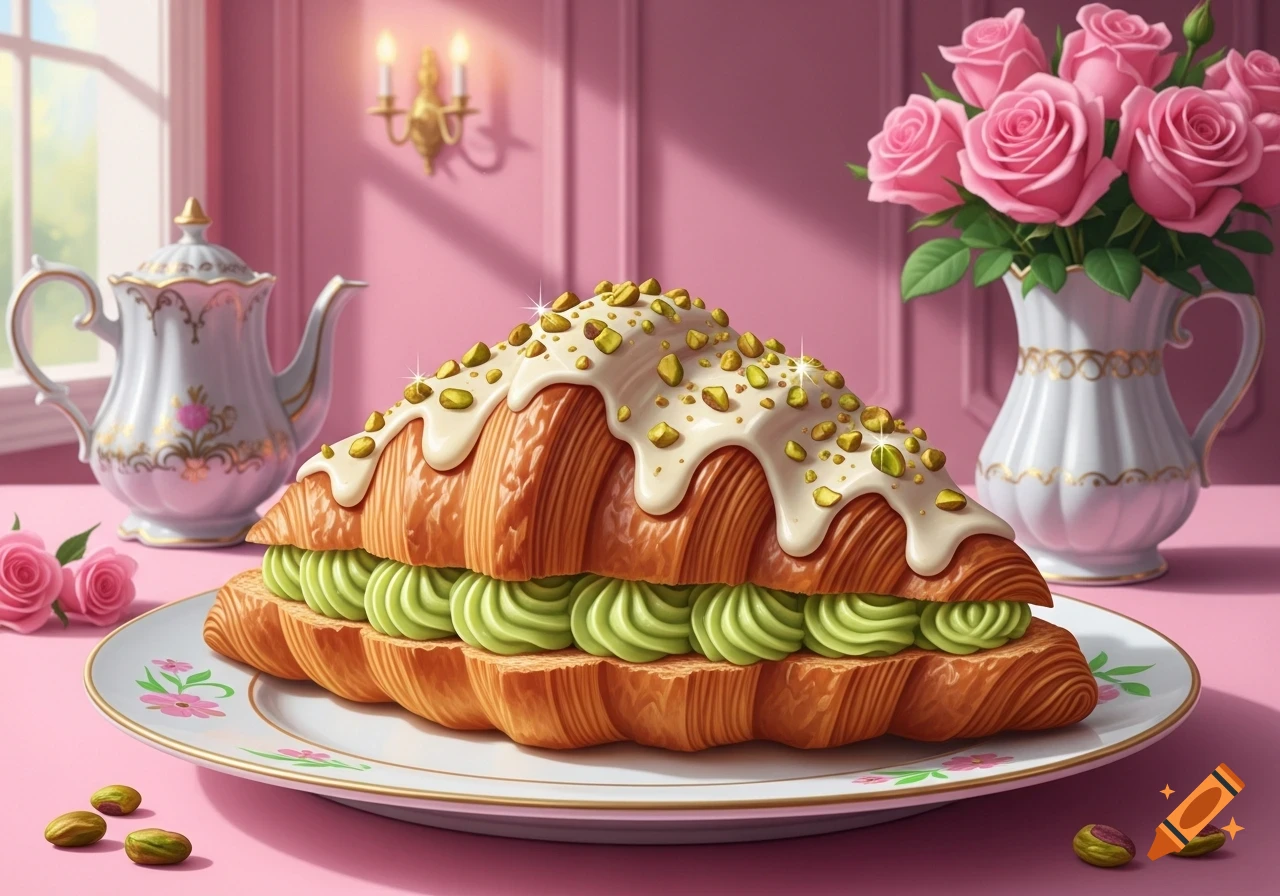 A large croissant filled with green cream, topped with white glaze and pistachios, on a plate in a pink room with roses.