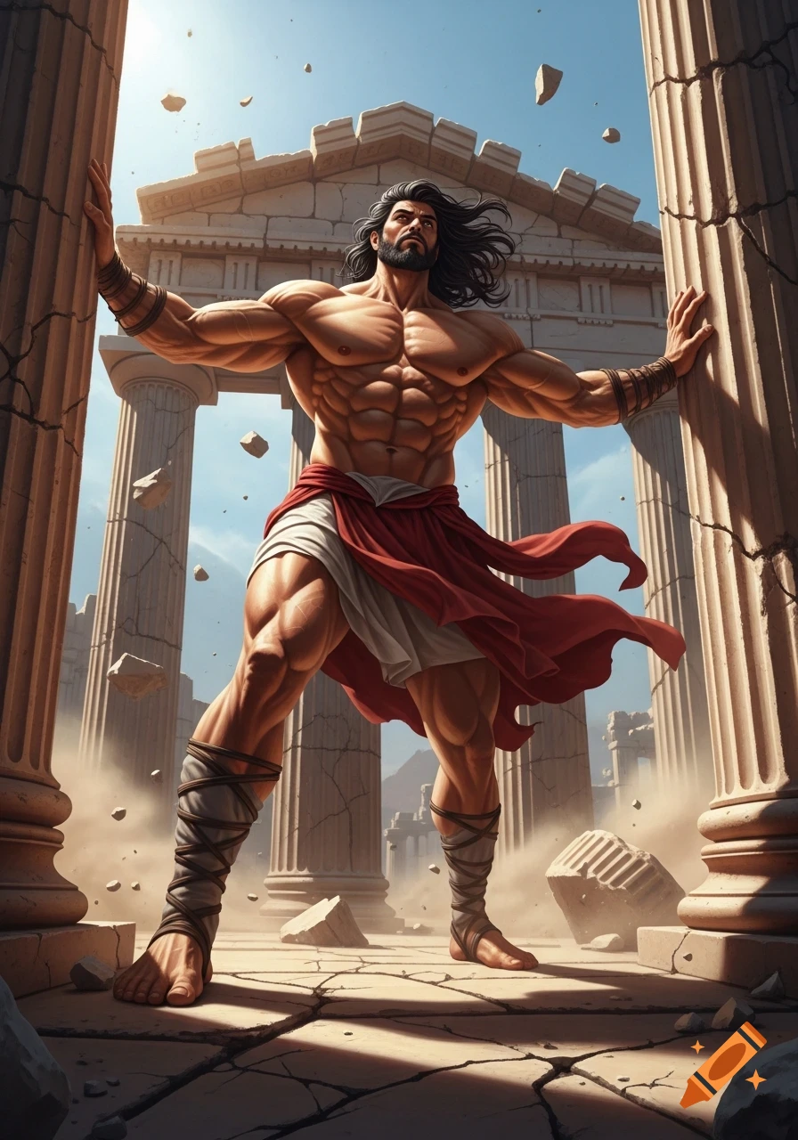 A heavily muscled man in a loincloth pushes against two ancient pillars, causing destruction in a dramatic, illustrative style.