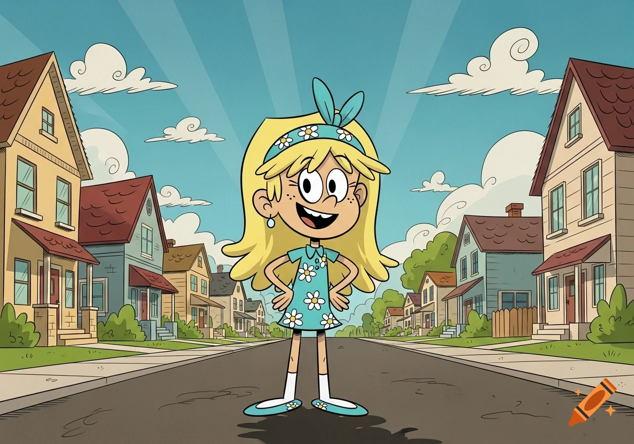 Leni Loud, a blonde cartoon girl in a blue dress with daisies and a headband, stands smiling on a street in a cartoon neighborhood with houses.