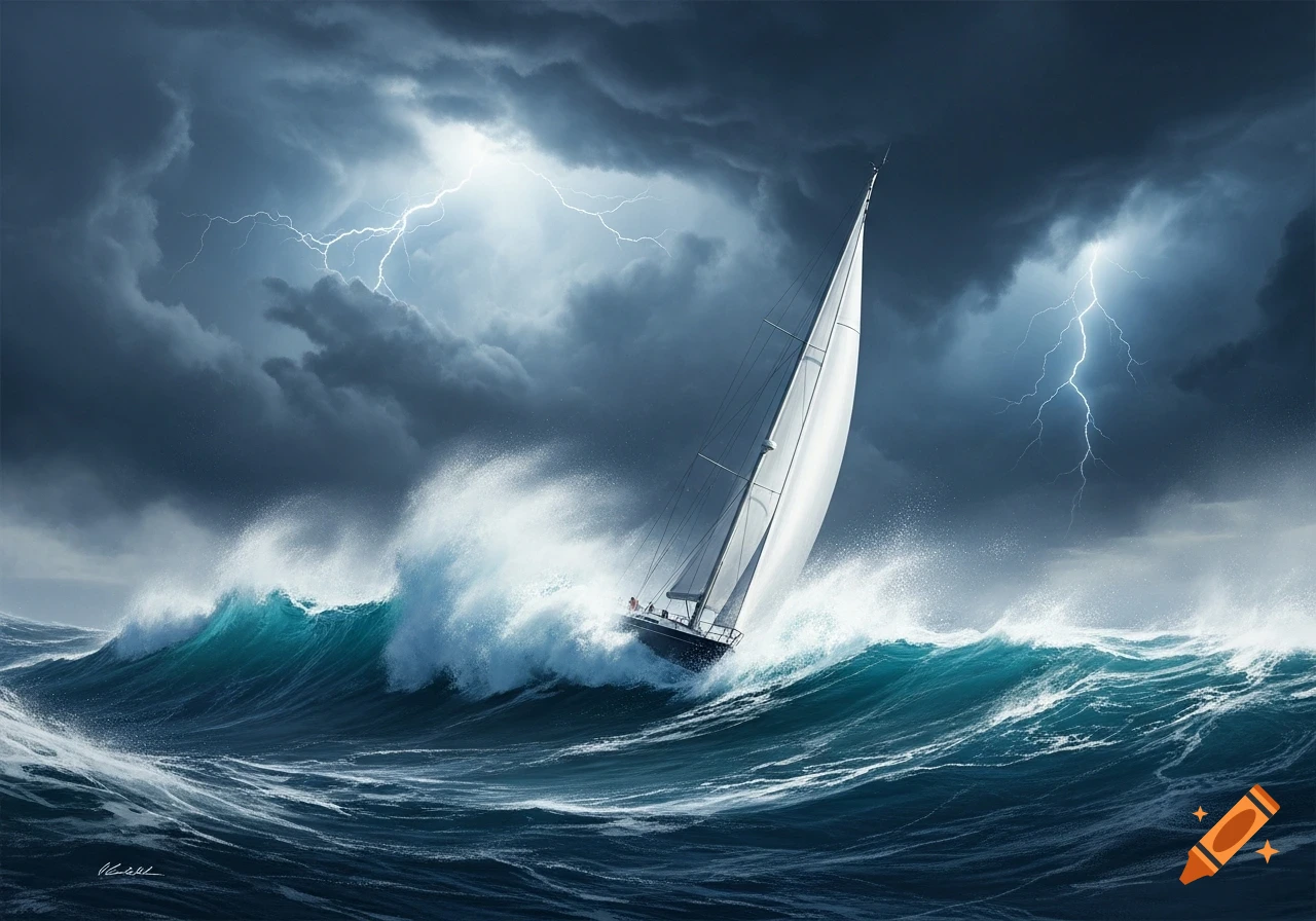 A sailboat navigates huge, crashing waves under a dark, stormy sky with lightning.