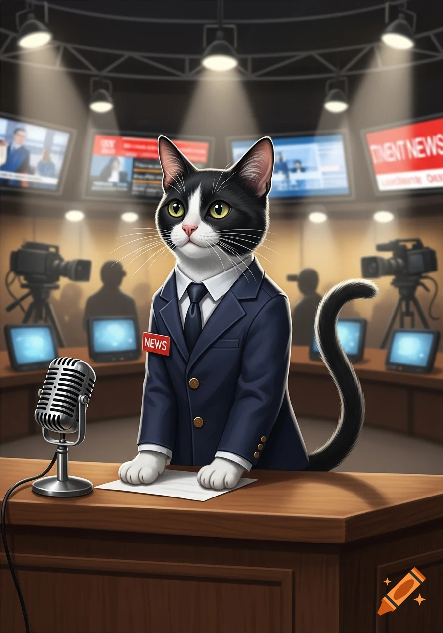 A cartoon black and white cat in a suit and tie with a "NEWS" badge stands at a news desk with a microphone in a TV studio.