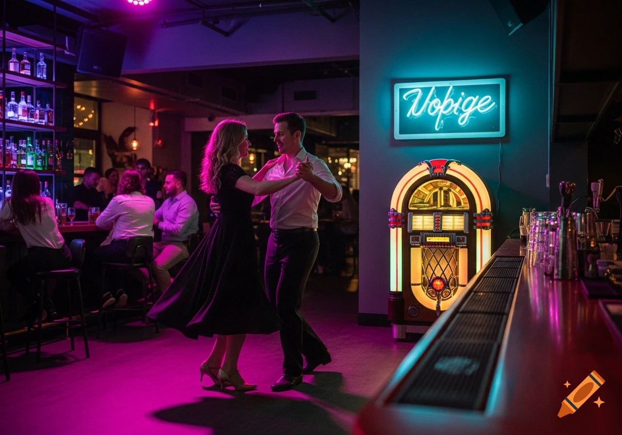 A couple dances in a dimly lit bar with pink and blue neon lights, a jukebox, and a well-stocked bar in the background.