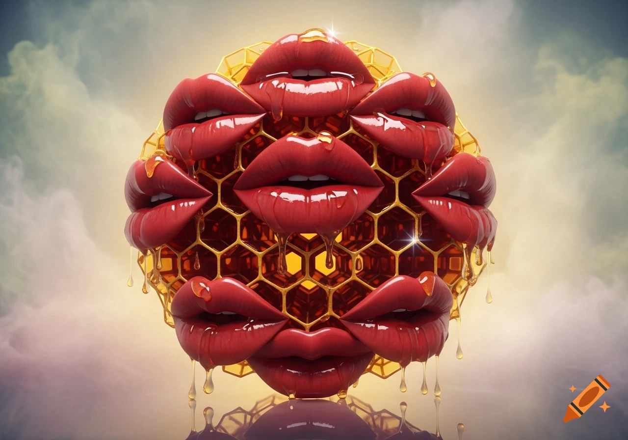 A surreal sphere of glossy red lips and golden honeycomb, with honey dripping, set against a cloudy sky.