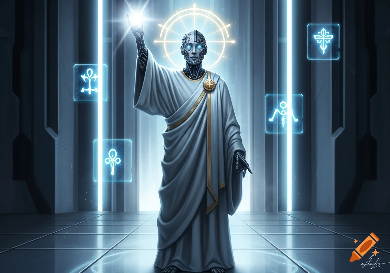 A majestic cyborg in white robes with a glowing hand stands under a digital halo, surrounded by luminous glyphs in a futuristic chamber.