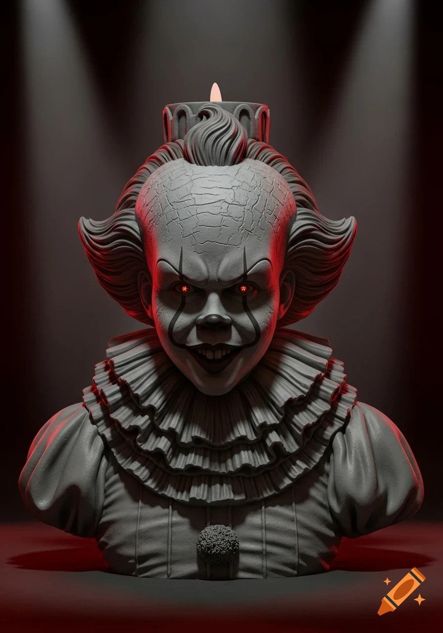 A dark gray sculptural bust of Pennywise with a cracked forehead, red glowing eyes, and a lit candle on its head.
