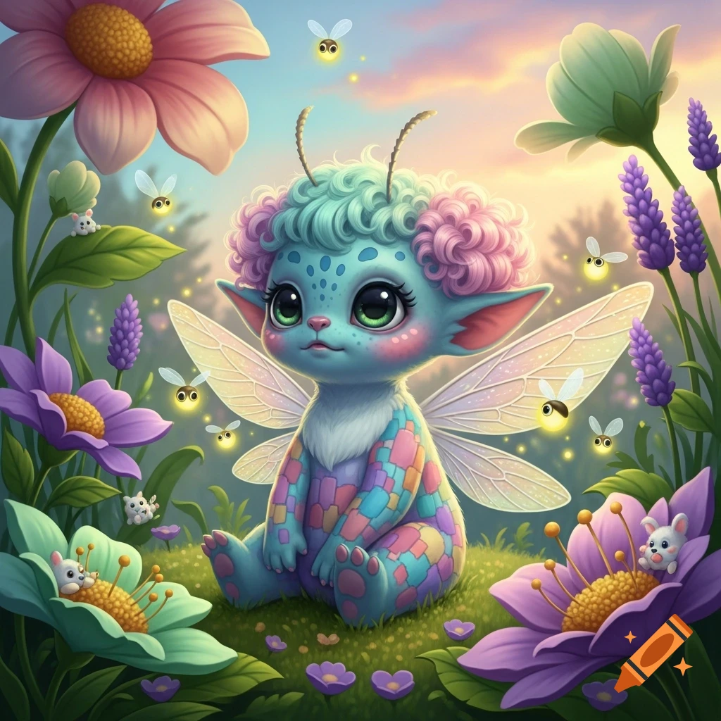 A whimsical, cute, big-eyed baby fairy with blue skin, pink and blue curly hair, and wings sits in a colorful garden with glowing fireflies and vibrant flowers.
