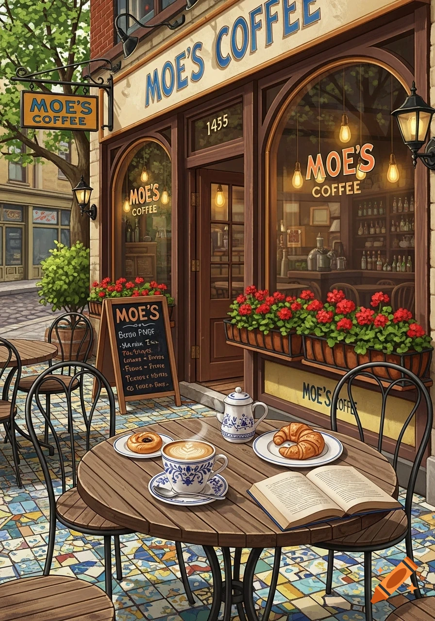 A charming outdoor cafe scene with tables, chairs, and potted flowers outside a coffee shop named Moe's Coffee. A cup of coffee, pastry, and open book sit on a wooden table. The building is brick with large arched windows.