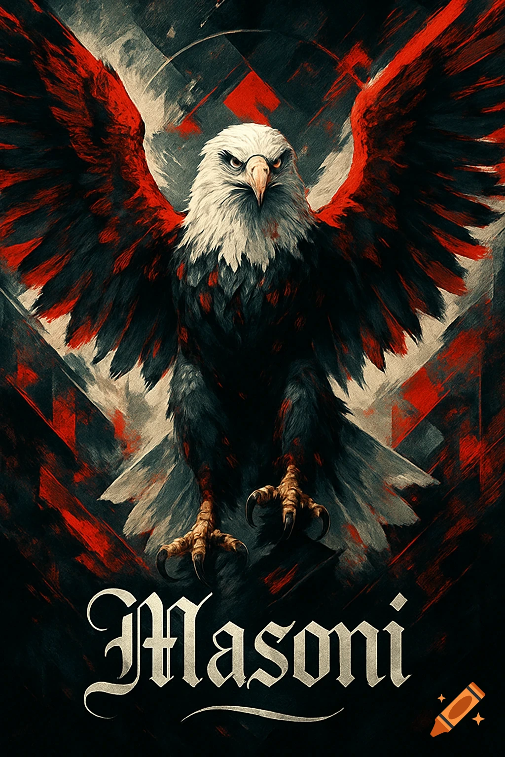 Stylized illustration of a fierce eagle with red and black wings, white head, and the text "Masoni" below.