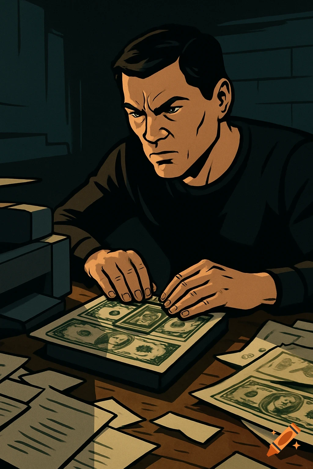An illustration in the style of Archer shows a man intensely focused on printing fake money bills at a dimly lit, cluttered desk.