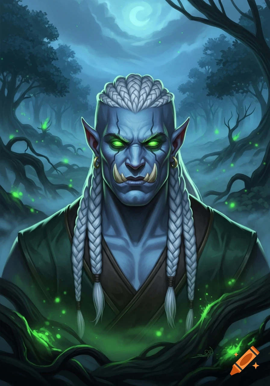 A blue-skinned half-orc with white braided hair, glowing green eyes, and tusks, in a dark, mystical forest with green magical light.