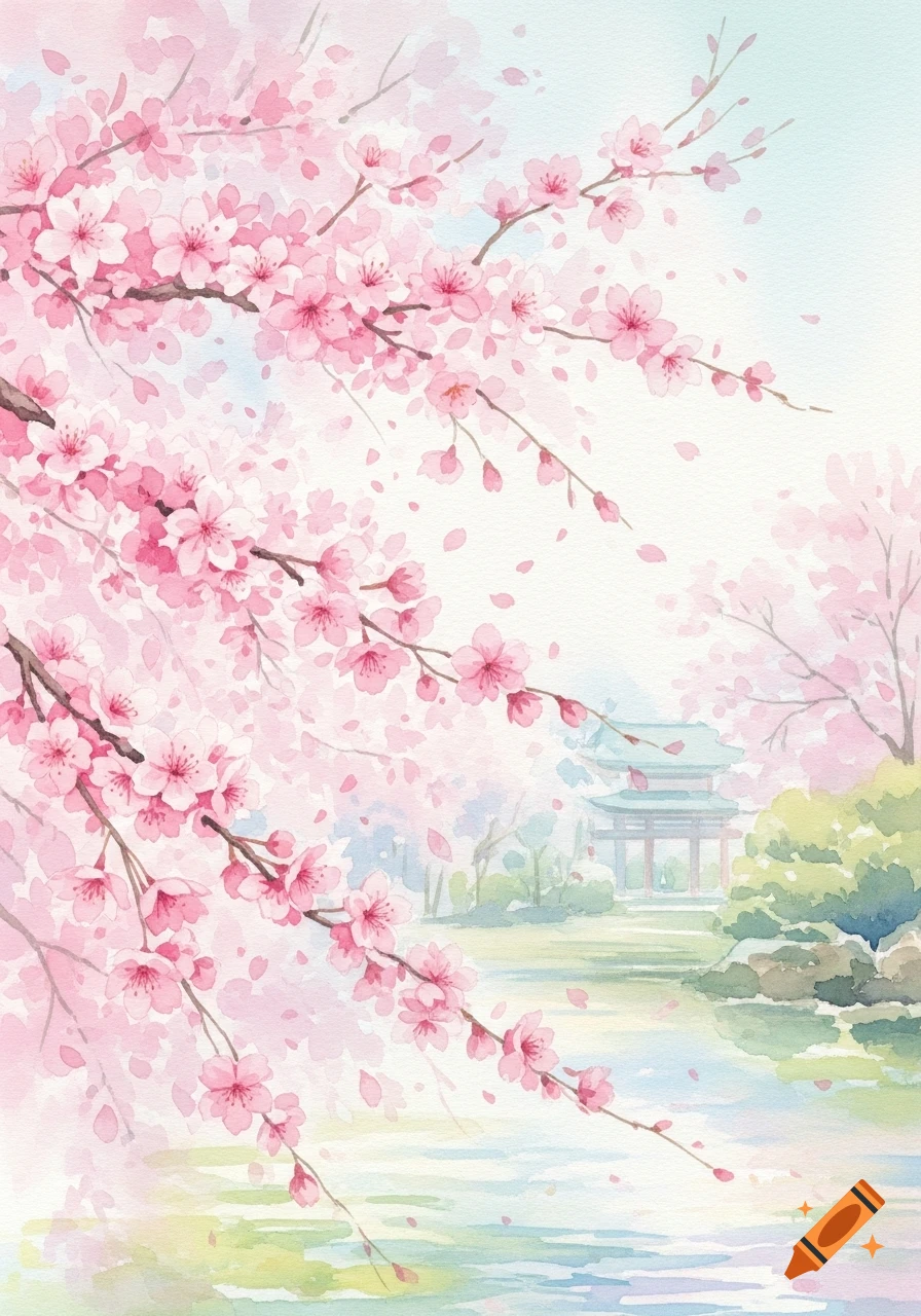 Watercolor painting of pink cherry blossoms framing a traditional Japanese temple by a pond.