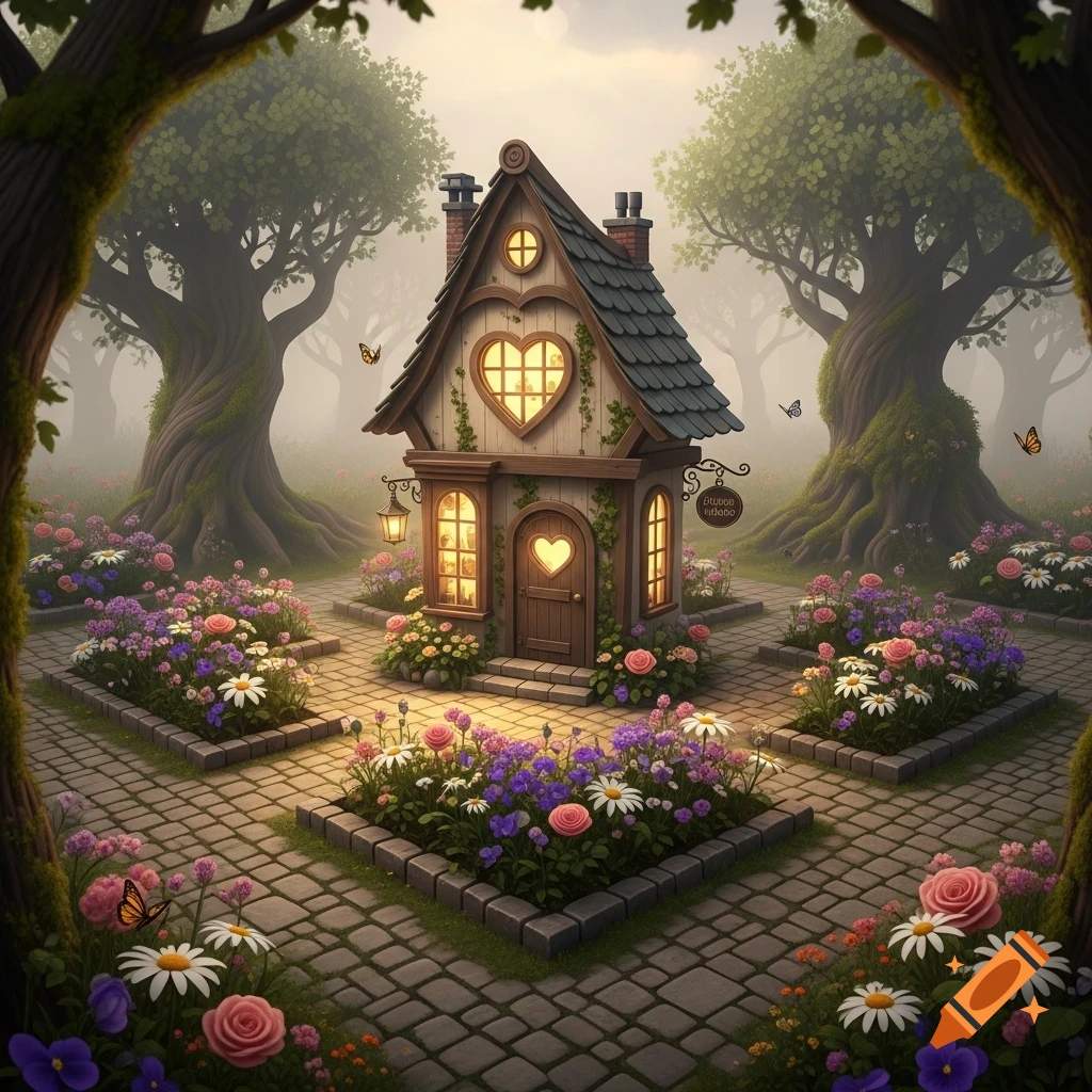 A whimsical cottage with heart-shaped windows sits in a foggy garden path, surrounded by vibrant flowers and ancient trees.