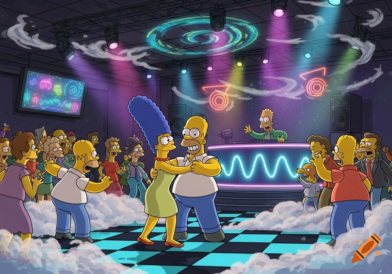 Homer and Marge dance in the middle of a lively nightclub, surrounded by other cartoon characters. Bart is the DJ, and colorful lights illuminate the room filled with smoke.