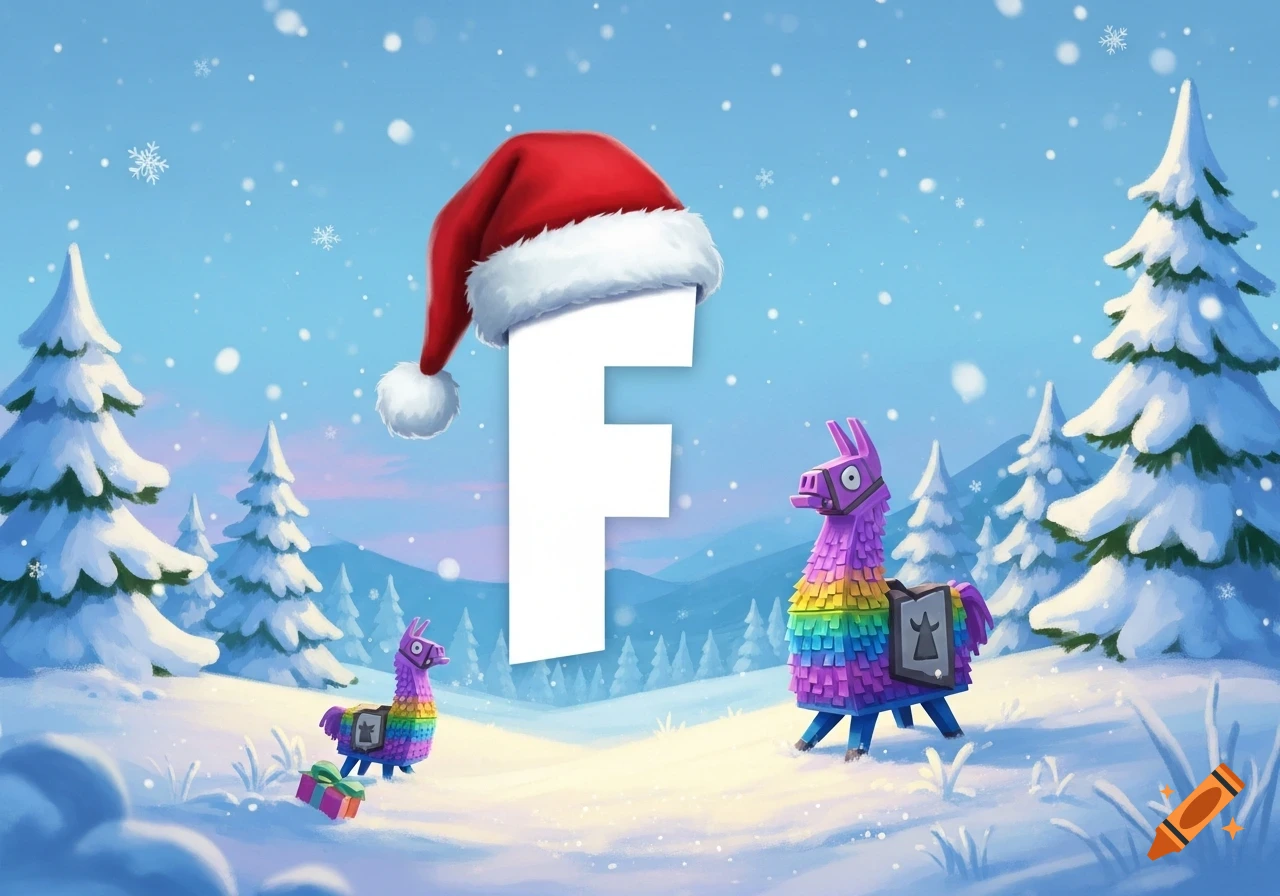 A stylized winter scene featuring a large white 'F' with a Santa hat, flanked by two colorful Fortnite llama pinatas in the snow.