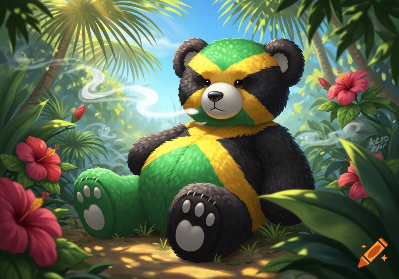 A cartoon illustration of a teddy bear in Jamaican flag colors, puffing smoke in a tropical jungle with hibiscus flowers.
