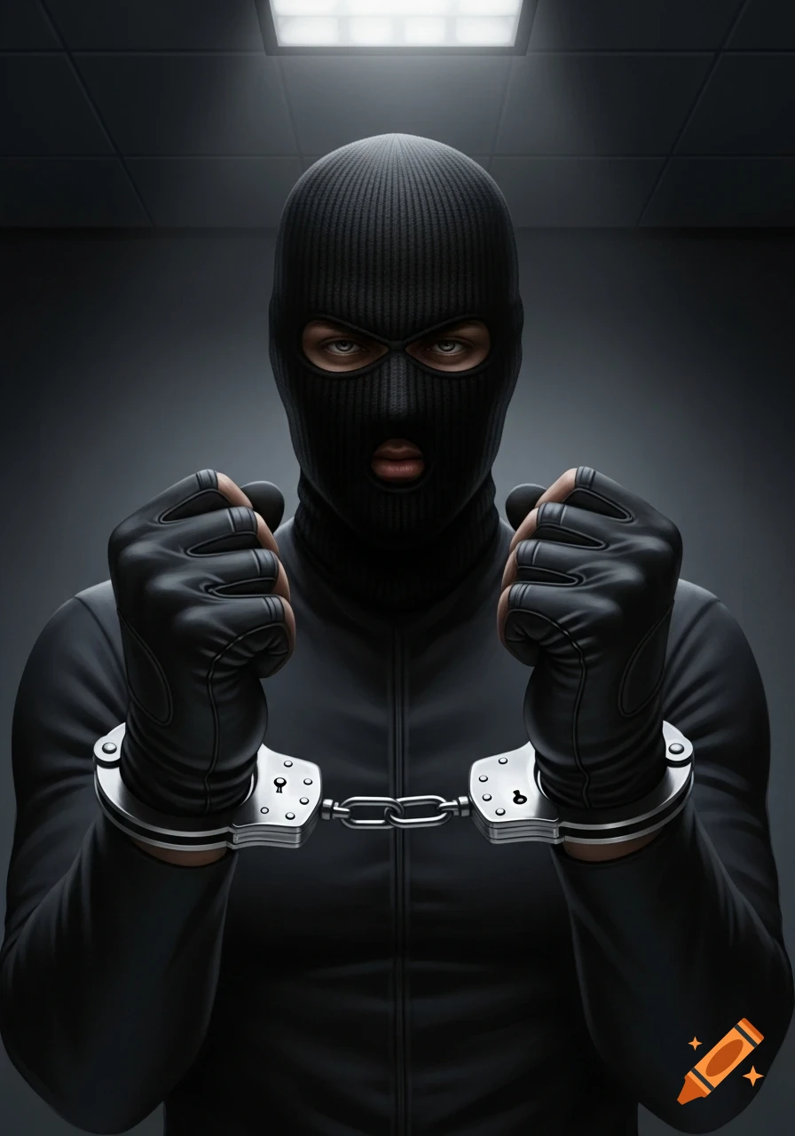 A person in a black ski mask and gloves holds up hands in silver handcuffs, illuminated by a stark overhead light.