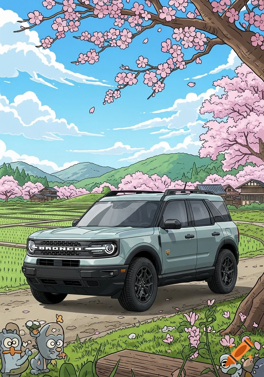 A grey Ford Bronco Sport on a dirt road in a cartoon Japanese countryside with cherry blossoms and rice paddies, in Seizo Watase style.