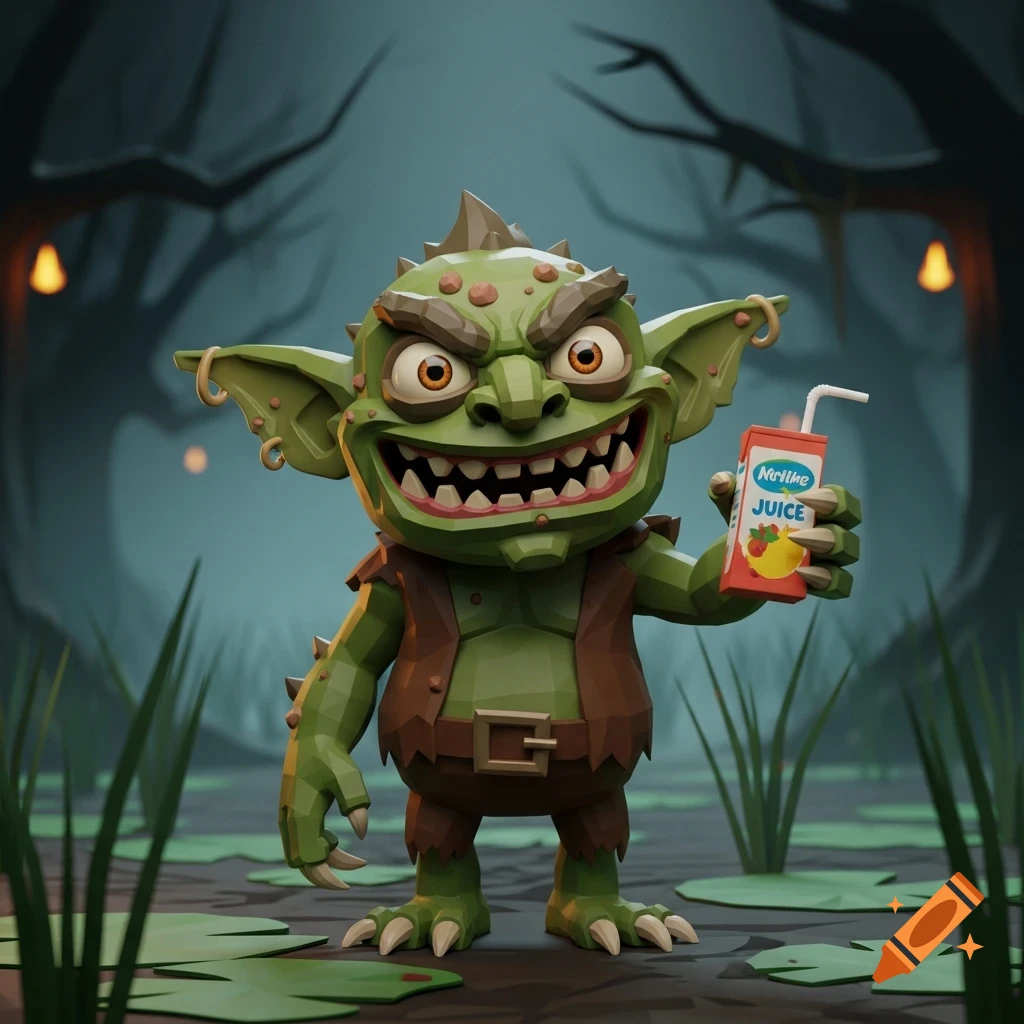 A smiling 3D low-poly green goblin mascot holds a juice box in a murky swamp.