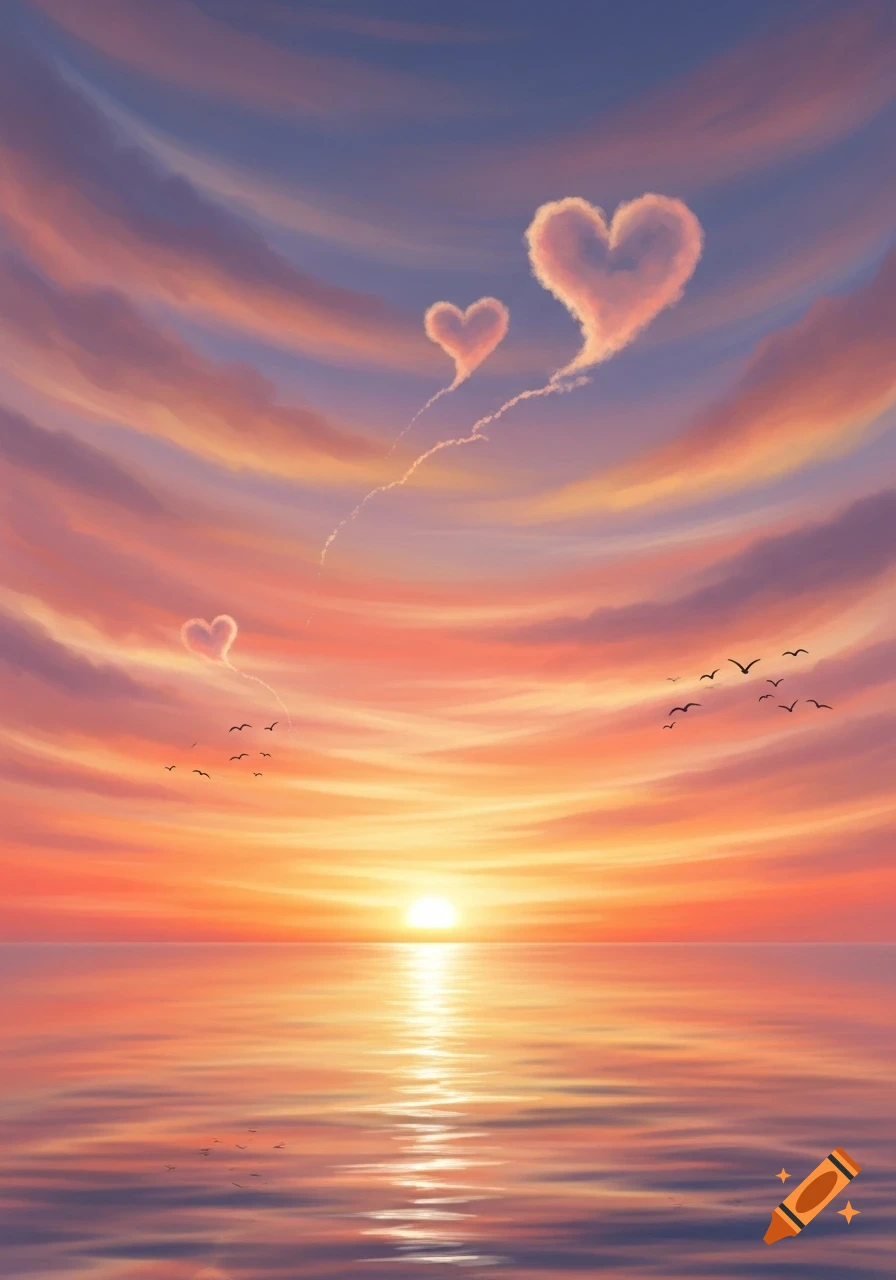 Serene illustration of a sunset over the ocean, with pink and orange heart-shaped clouds and birds flying.