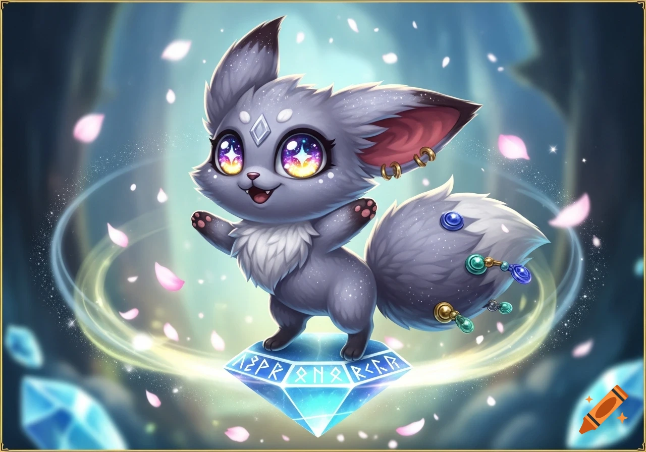 A cute grey fluffy creature with large, galaxy-like eyes stands on a glowing blue diamond with runes, surrounded by pink petals and sparkles.