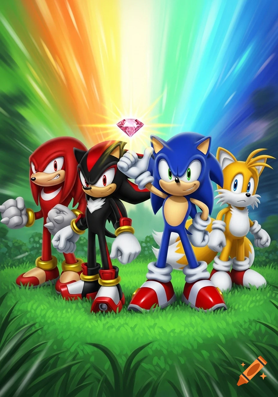 Knuckles, Shadow, Sonic, and Tails stand on green grass under a rainbow light, with a pink gem floating above.