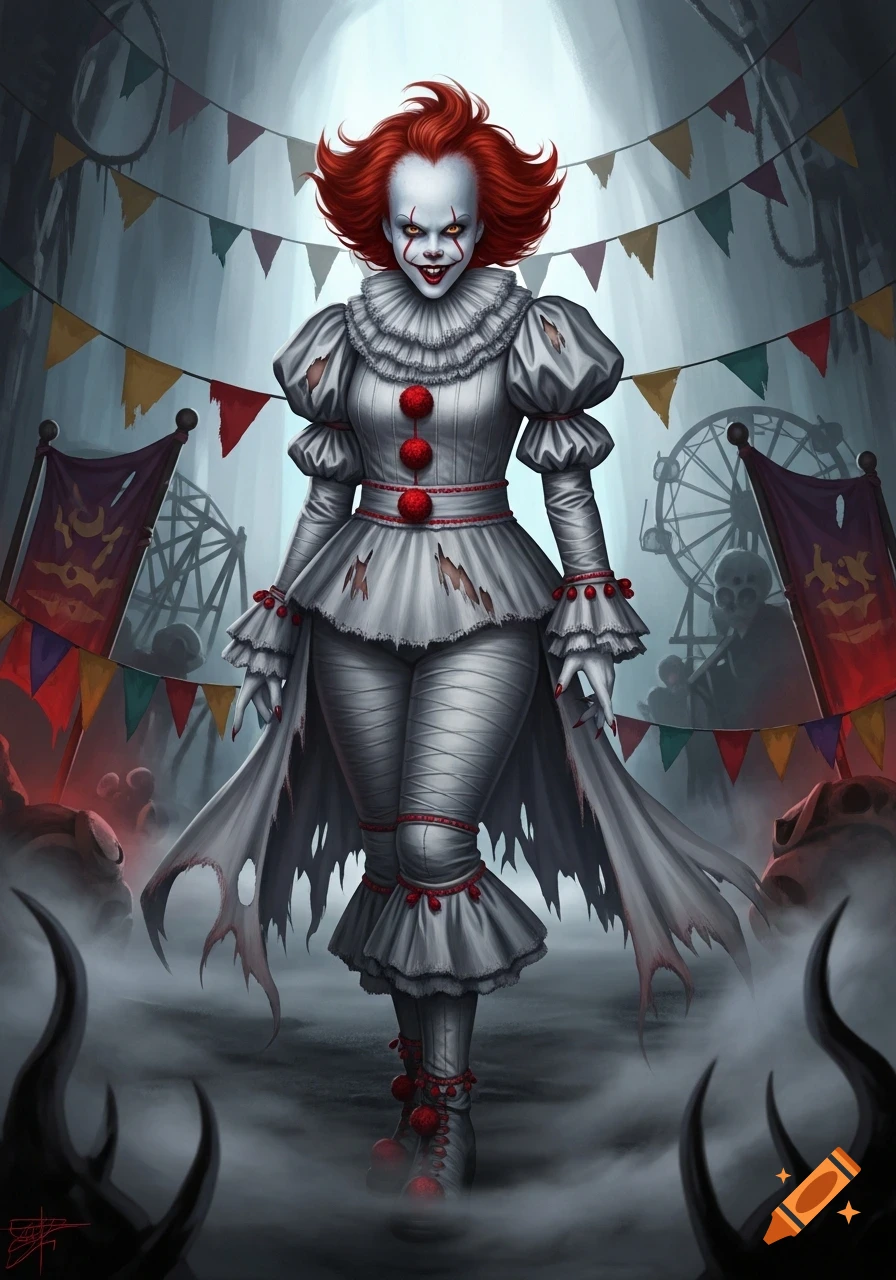 A creepy female Pennywise-like clown with red hair and a sinister smile stands amidst a dark, eerie carnival, digital art.