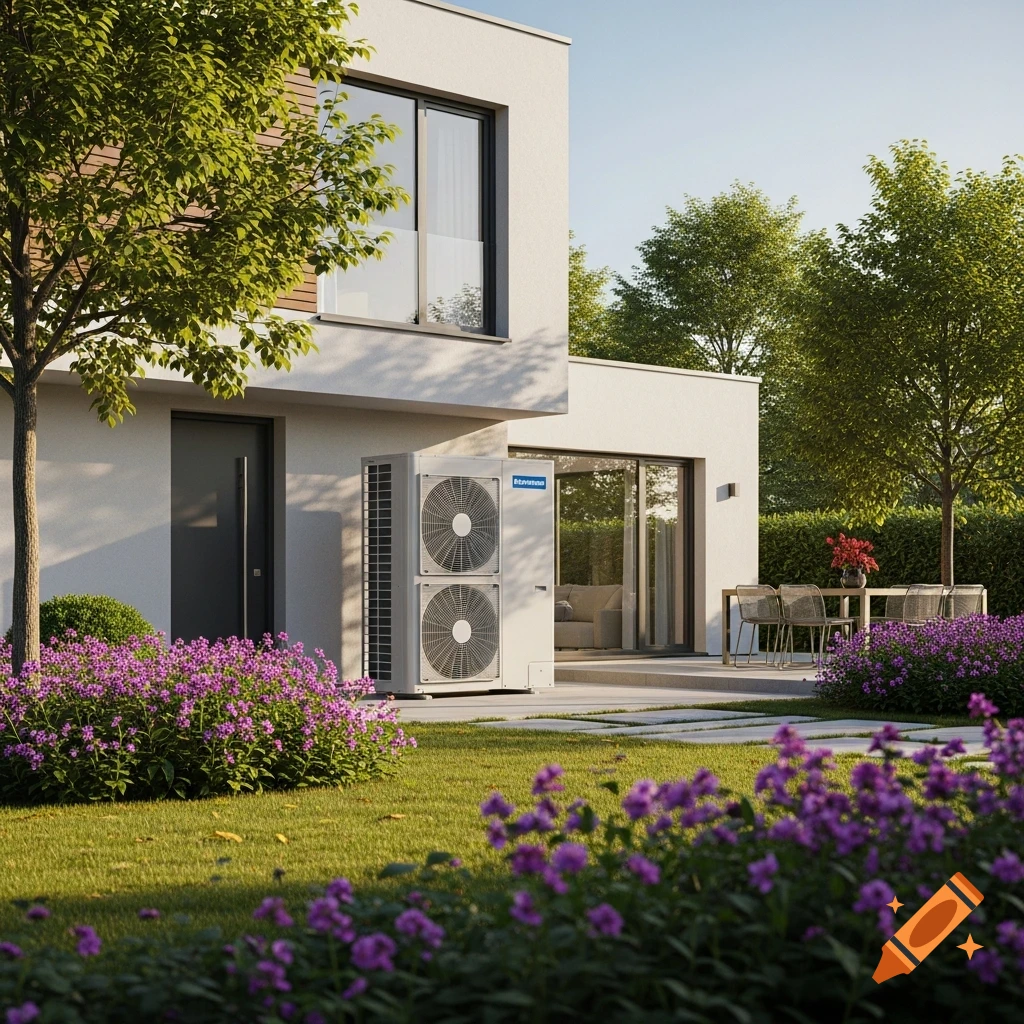 Photorealistic view of a modern house with a heat pump, green lawn, purple flowers, and an outdoor patio.