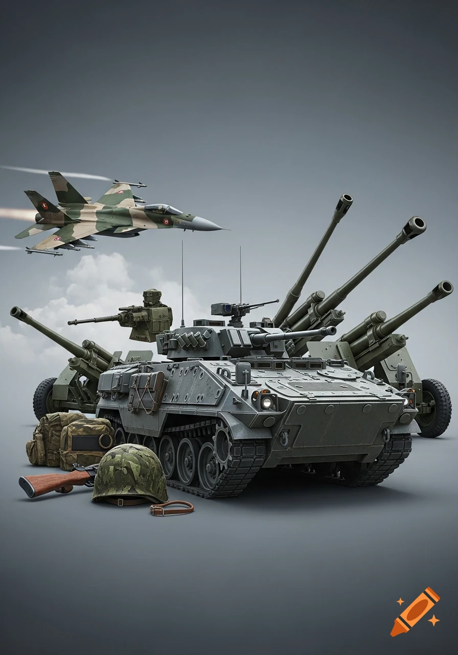 A photorealistic image featuring a military armored vehicle, several artillery cannons, a fighter jet, and soldier's gear.