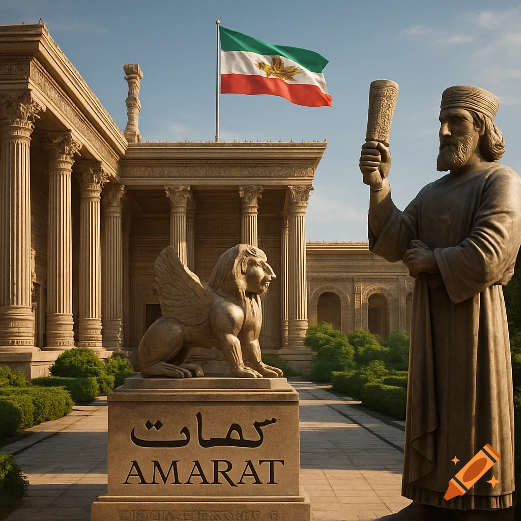A majestic Achaemenid-style palace with tall columns and intricate carvings under a clear sky. In the foreground, a Dāl-lion statue on a pedestal with the text "AMARAT" in Latin and Persian, next to a statue of Cyrus the Great holding a scroll. An Iranian flag waves above the palace.