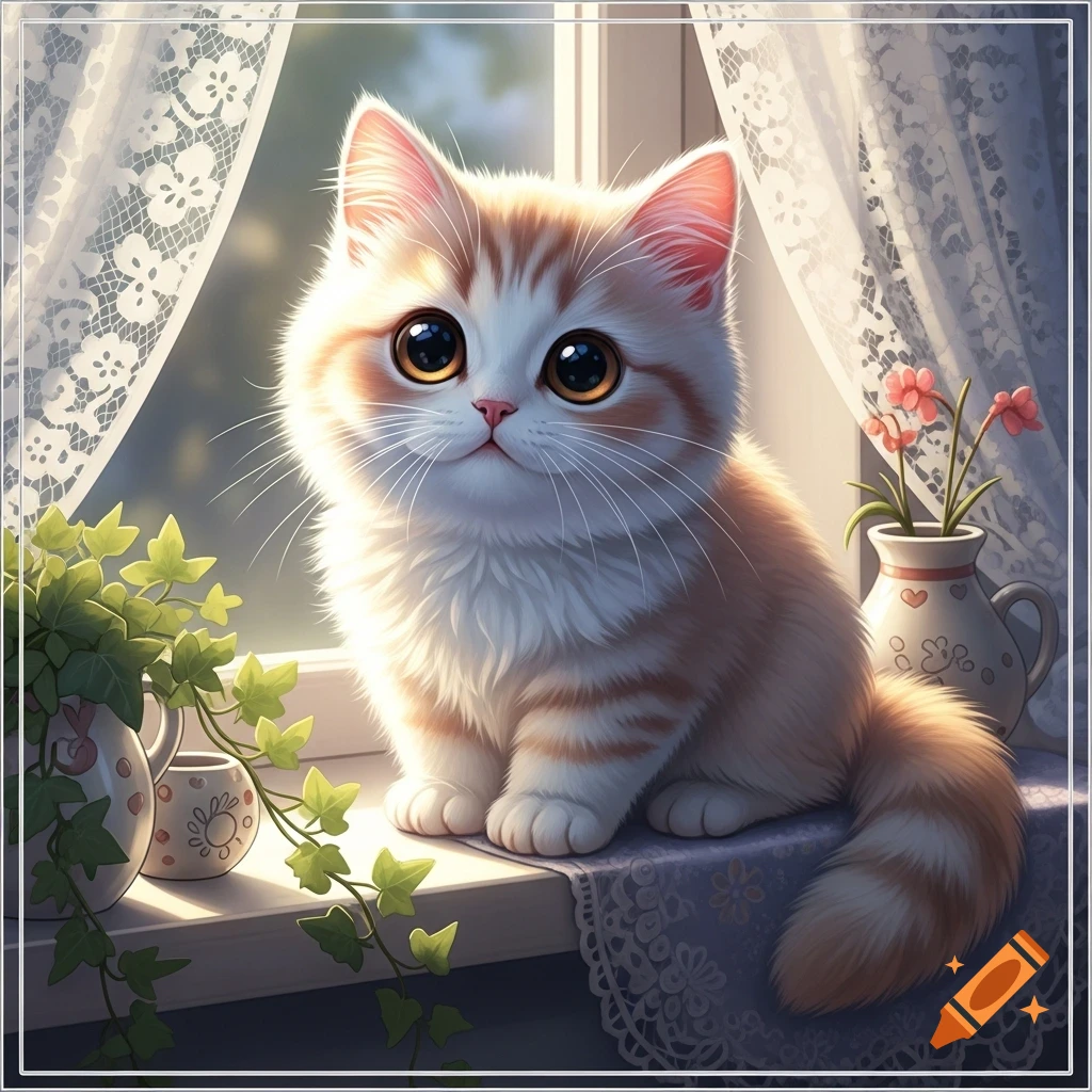 A fluffy, orange and white kitten with big eyes sits on a windowsill next to plants and lace curtains.