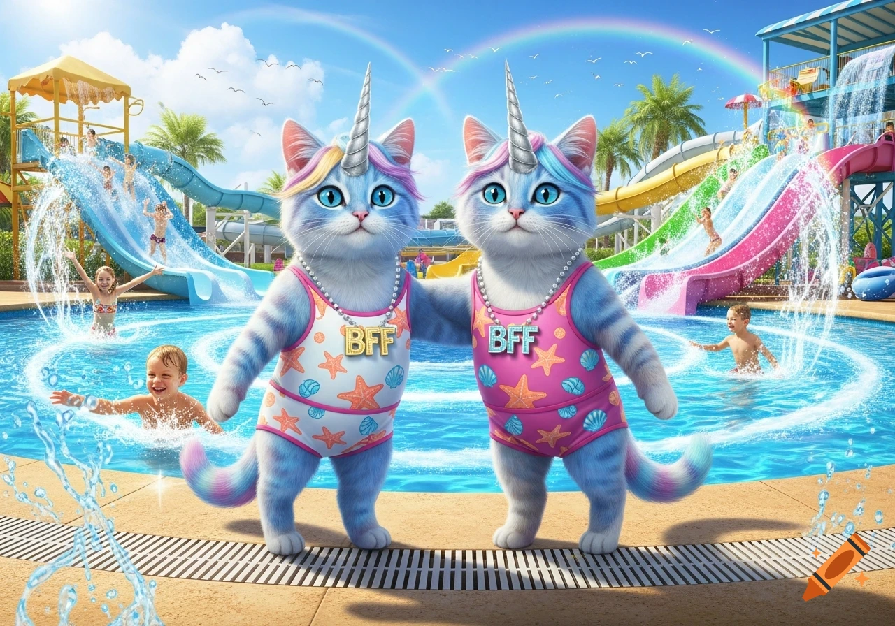 Two cartoonish unicorn cats in swimsuits with "BFF" necklaces stand at the edge of a vibrant waterpark pool with kids and slides.