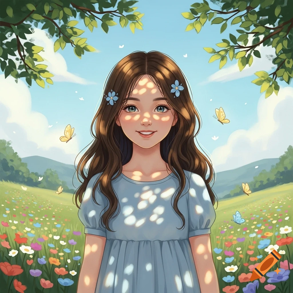 Cartoon girl with brown hair and blue flowers in her hair stands in a vibrant flower field, dappled in sunlight, under green tree branches.