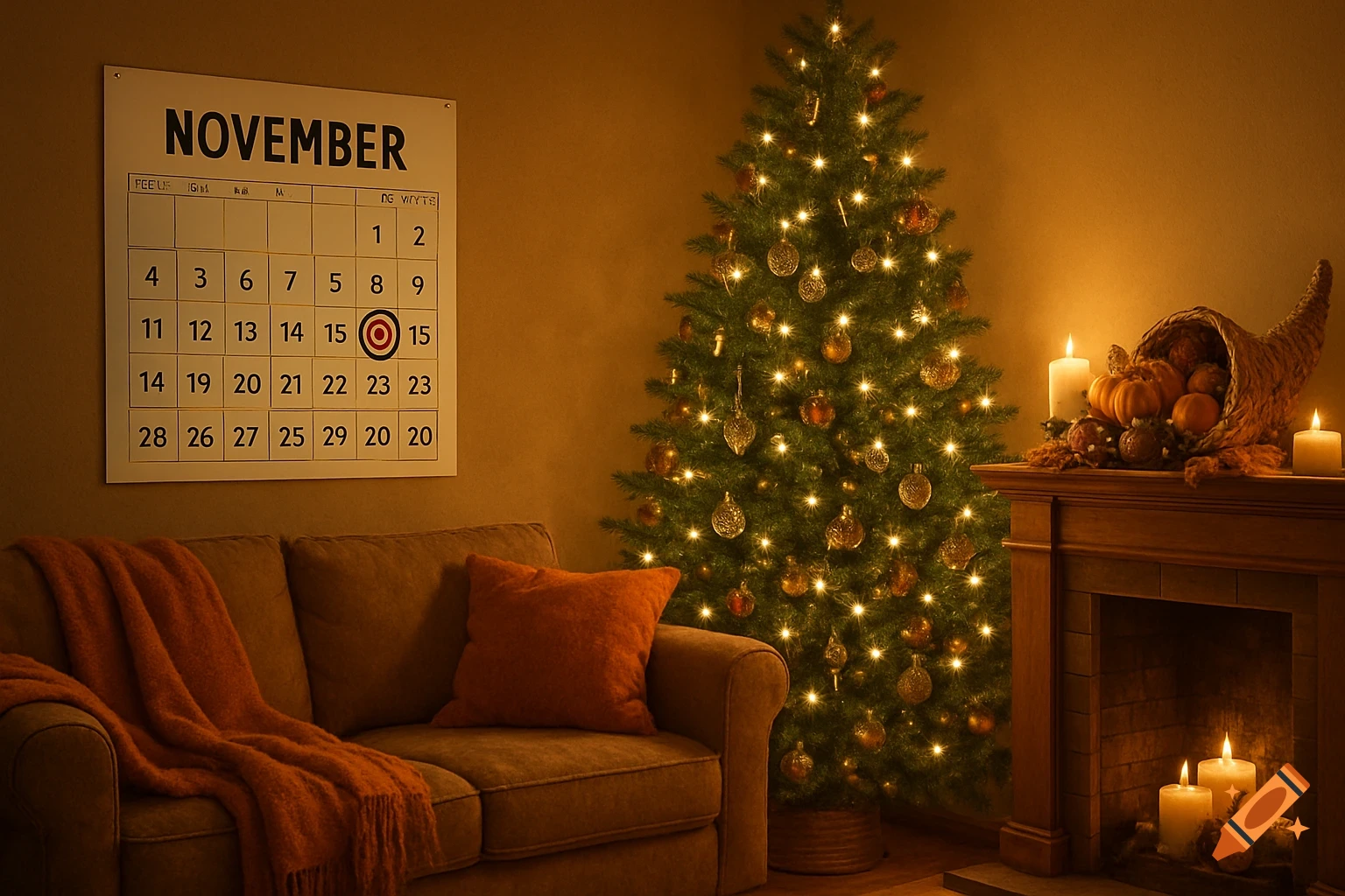 A warm, photorealistic image of a living room decorated for both Thanksgiving and Christmas, featuring a lit Christmas tree, a fireplace with burning candles and a cornucopia on the mantel, and a calendar hanging above a cozy couch with a blanket.