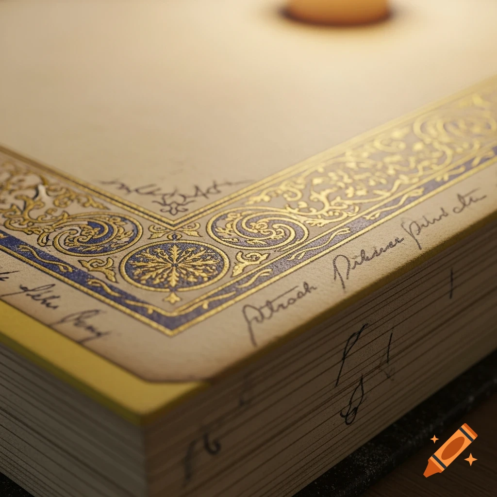 Close-up of an old book page with intricate gold and blue ornate borders and faded handwritten text.