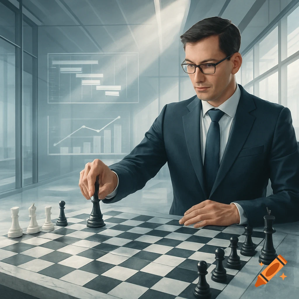A man in a suit plays chess on a marble board in a modern office, with abstract business charts in the background.