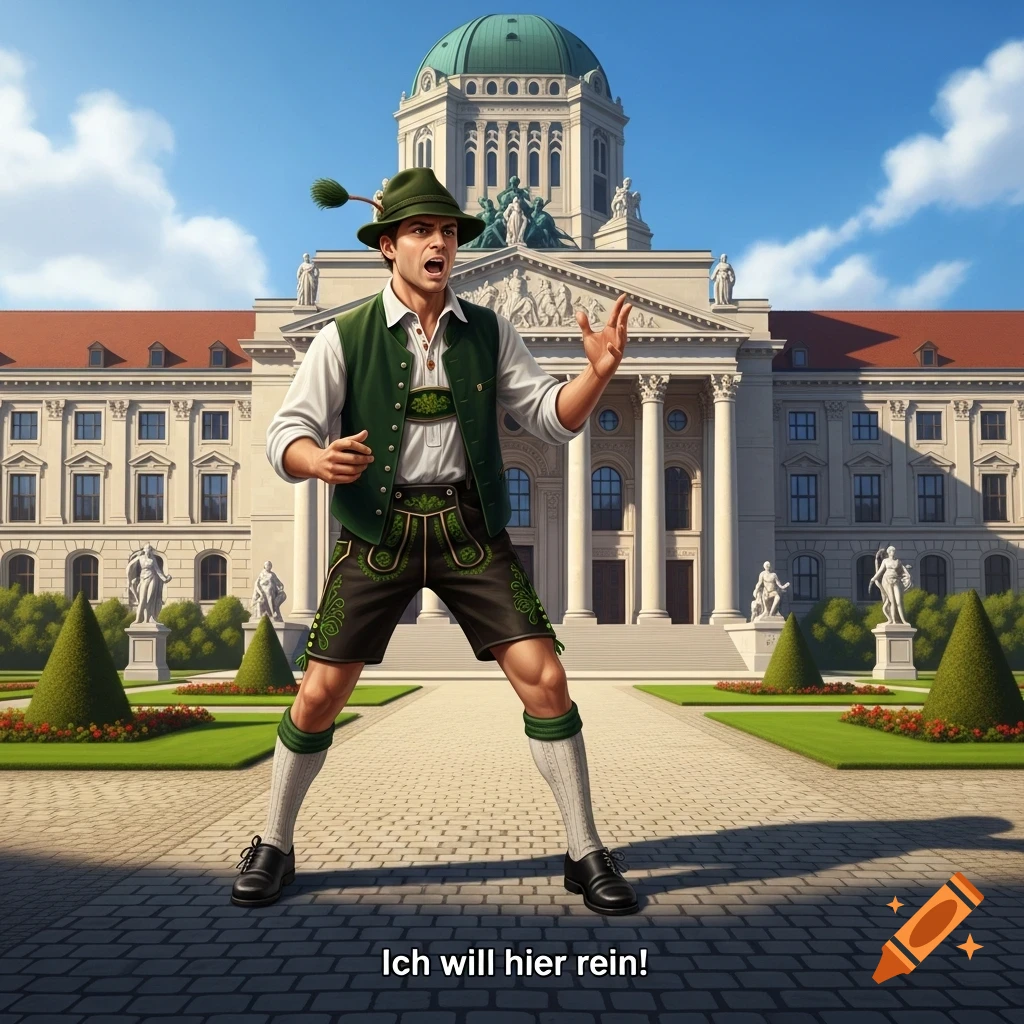 Photorealistic image of a man in Bavarian attire yelling in front of a grand building, with text 'Ich will hier rein!'.