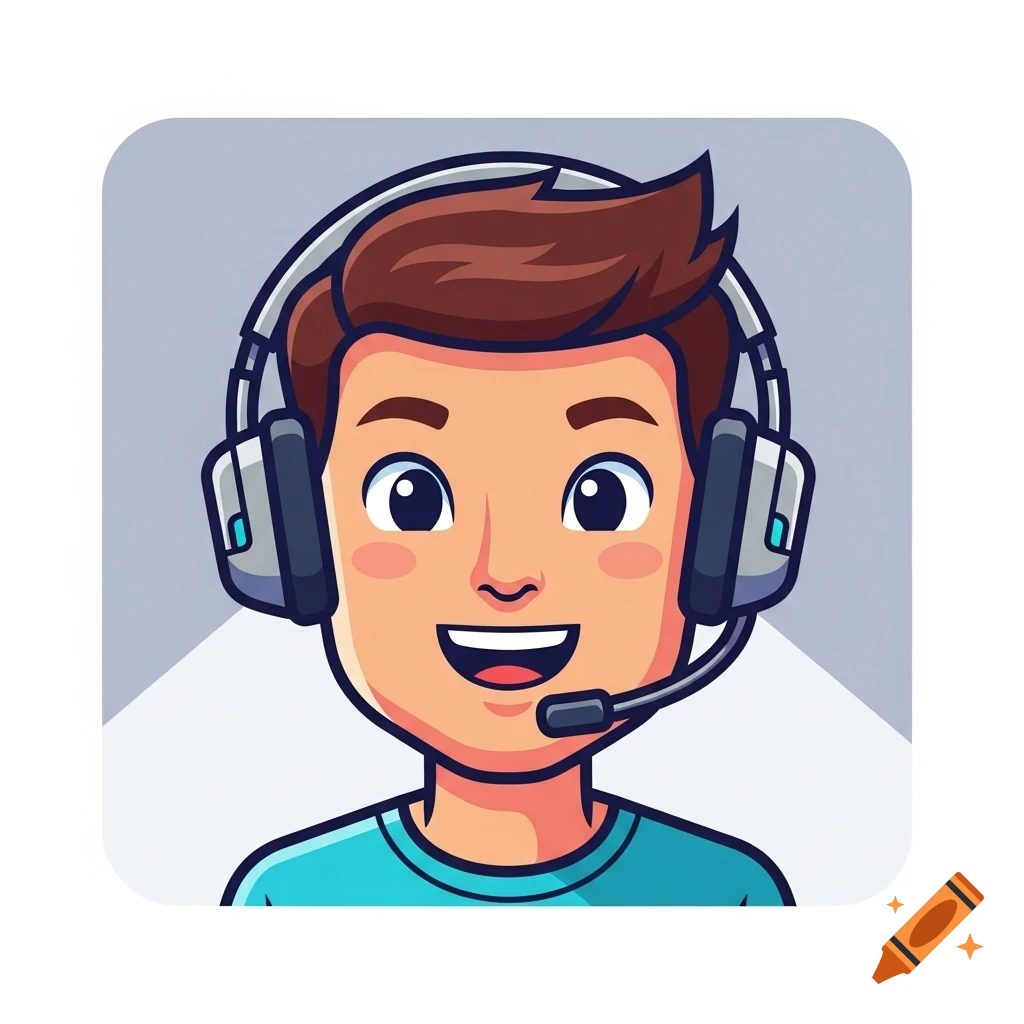 A flat colorful cartoon avatar of a smiling boy with brown hair wearing a gaming headset.