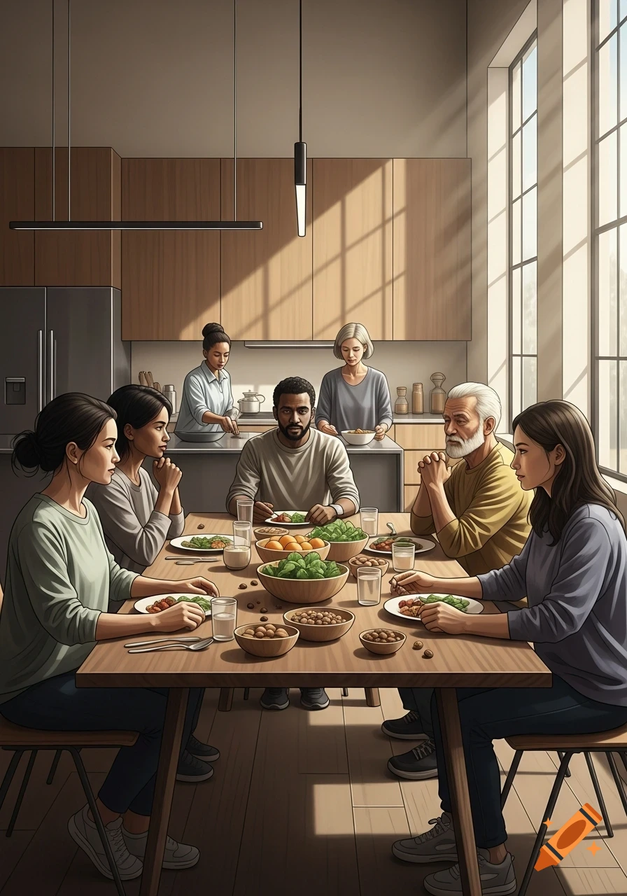 A multi-generational family shares a meal at a long wooden table in a modern kitchen dining area, with others preparing food. Photorealistic.