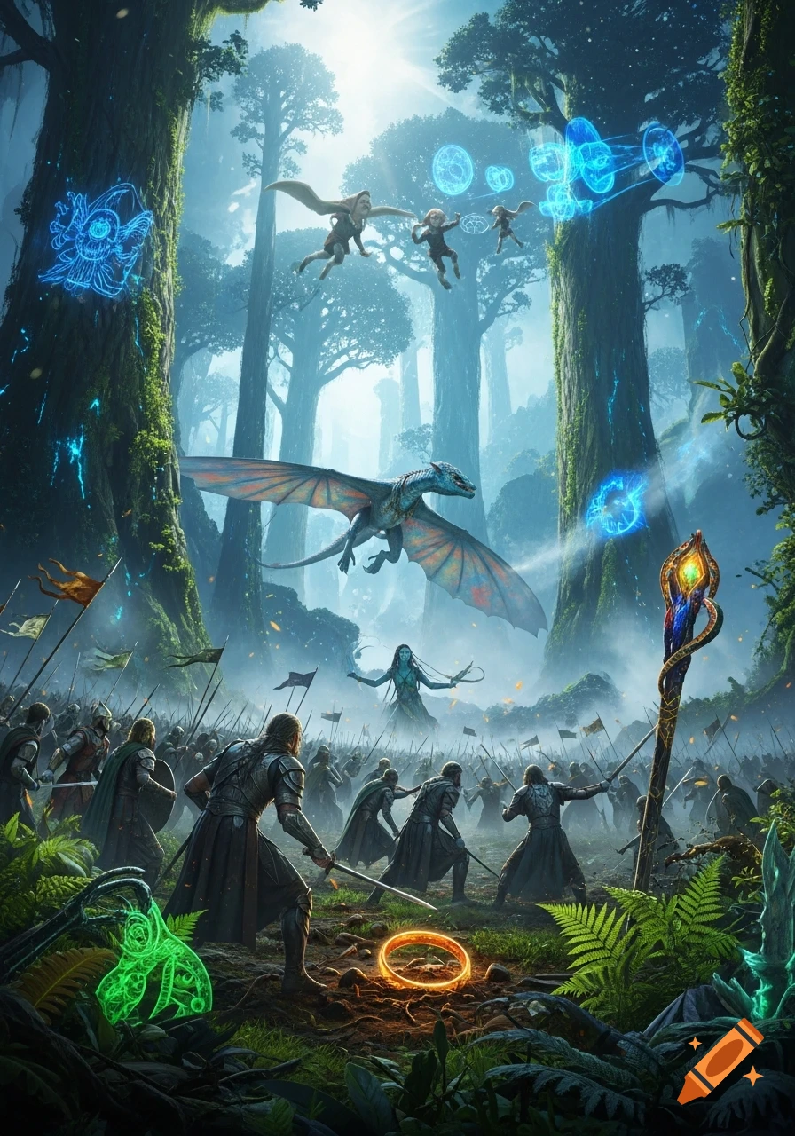 An epic fantasy battle unfolds in a lush, ancient forest, with warriors clashing while a dragon, flying figures, and a spectral woman hover above, all bathed in magical light.