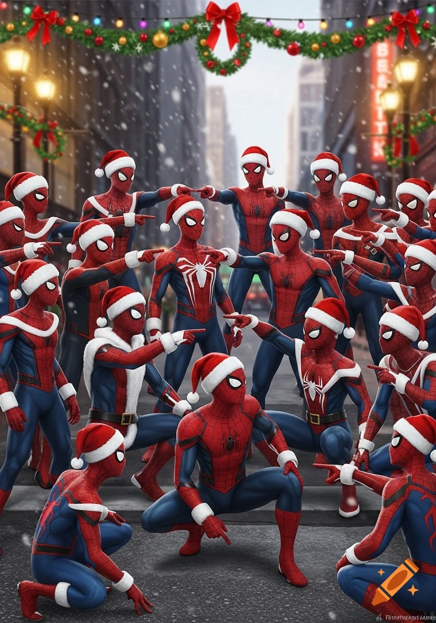 Many Spider-Man characters wearing Santa hats are pointing at each other in a snowy city street decorated for Christmas, in the style of the pointing meme.