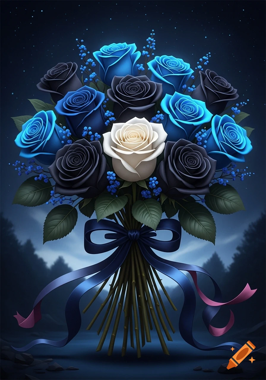 A stylized bouquet featuring seven black roses, seven blue roses, and one white rose, tied with a blue ribbon, set against a dark, starry night sky with silhouetted trees.