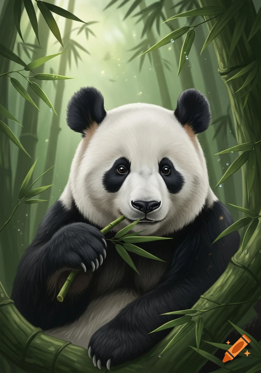 A cute panda eating bamboo, looking directly at the viewer, surrounded by a lush green bamboo forest. Digital painting.