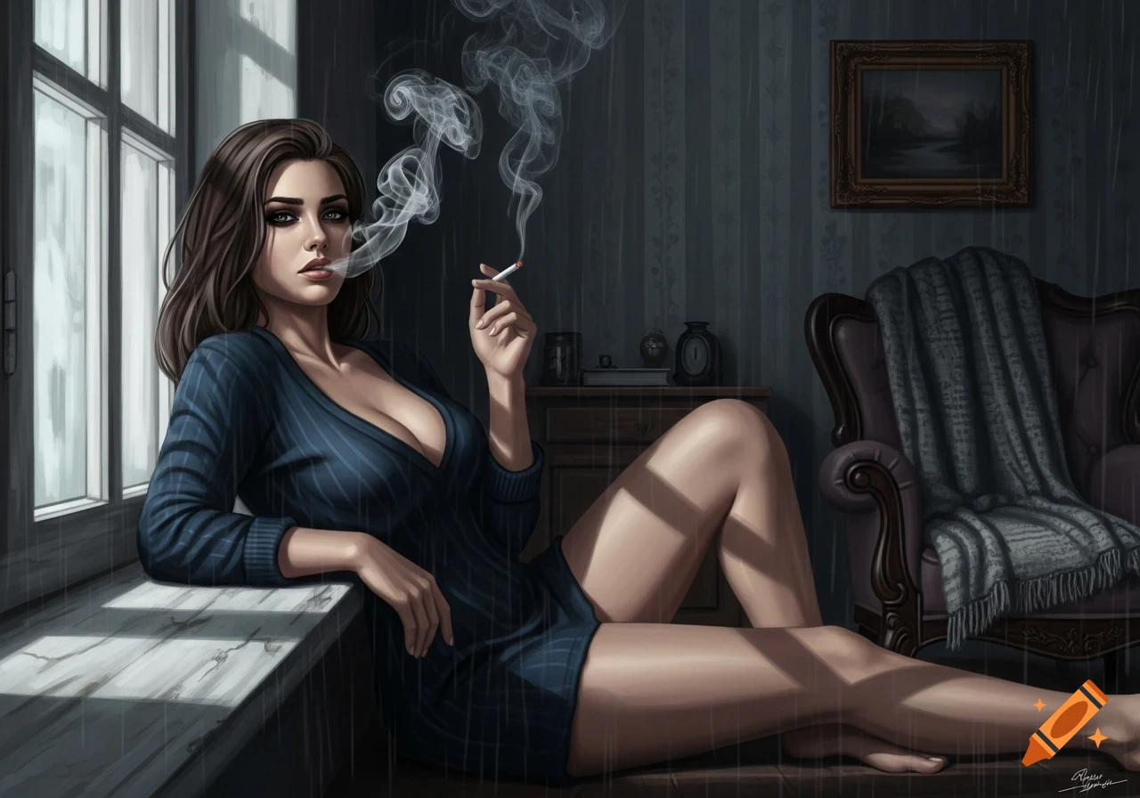 Digital art of a woman in a blue dress by a window on a rainy day, smoking a cigarette.
